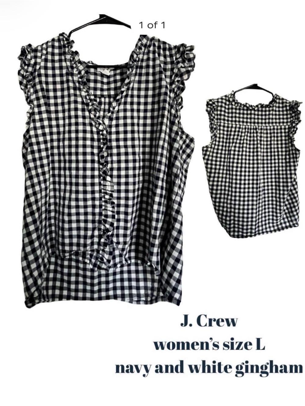 J. Crew Navy and White Gingham Ruffle Sleeve Blouse